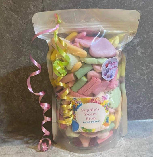 Birthday sweet pouch with personalised sticker and ribbon